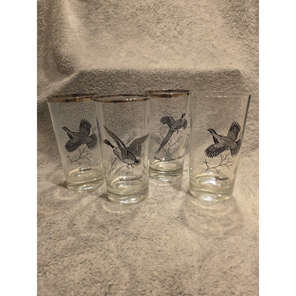 Vintage Game Birds Silver Rimmed Drink Glasses Set Of 4 Pre-owned